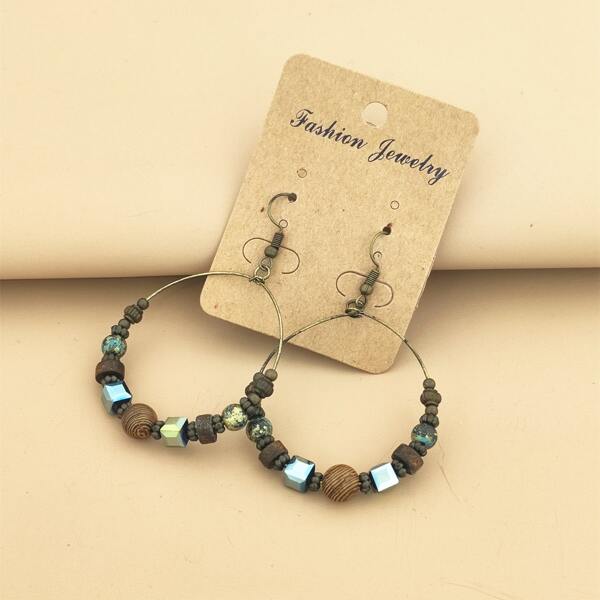 

Bead Decor Hoop Drop Earrings, Bronze