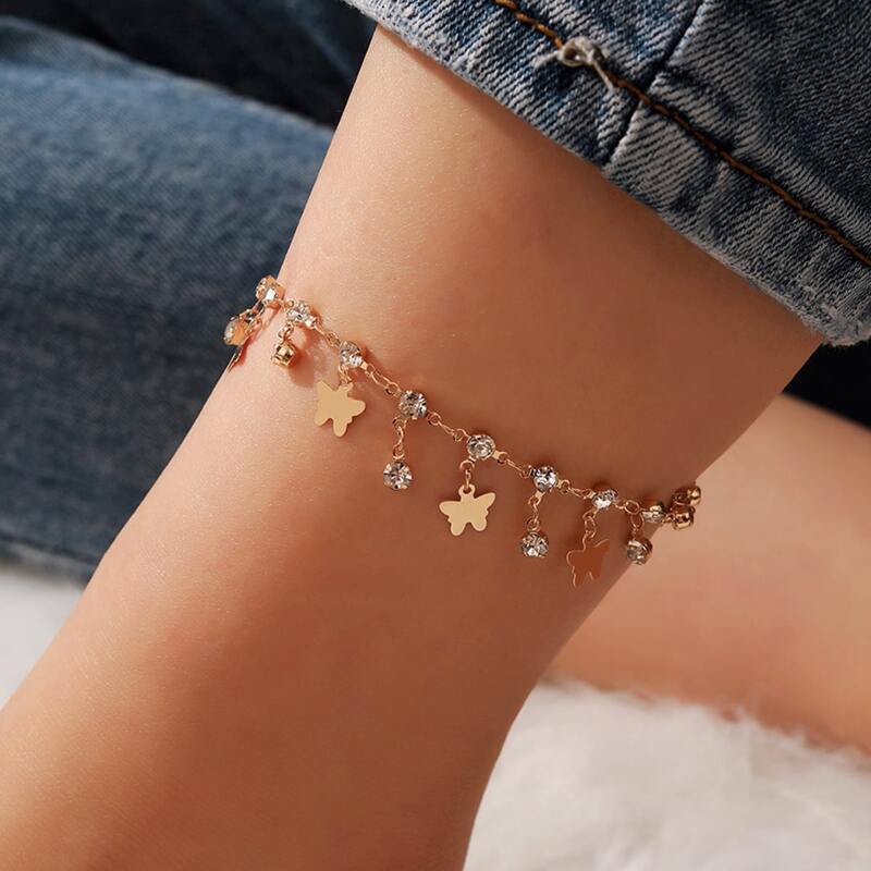 

Rhinestone Butterfly Charm Anklet, Gold