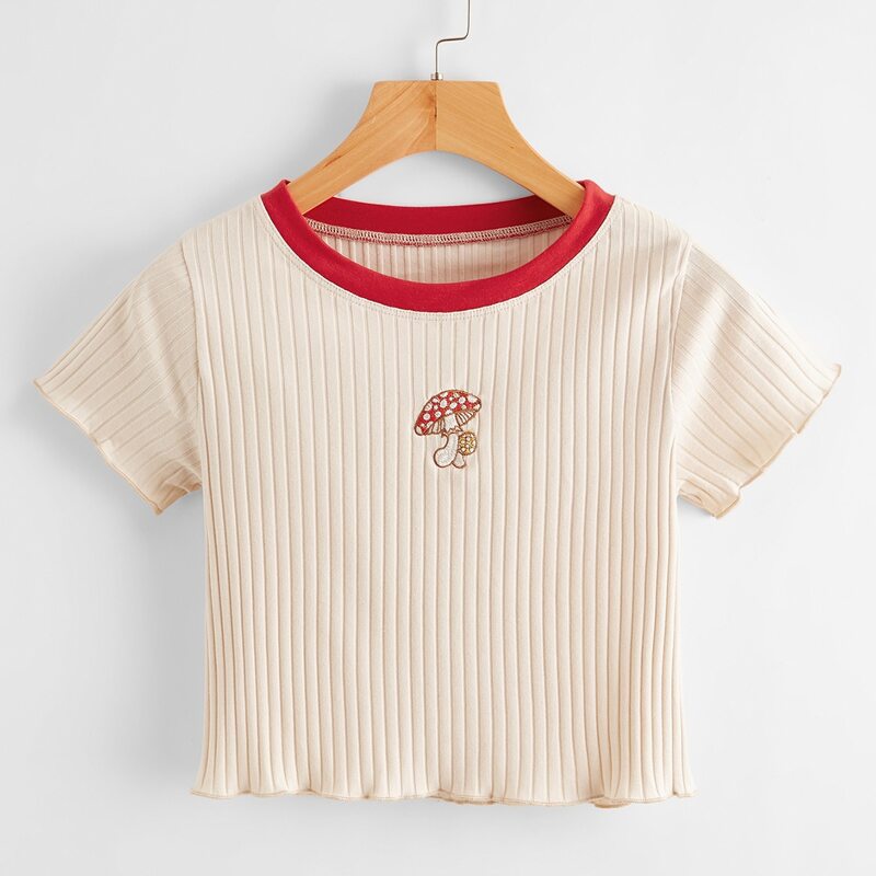 

Mushroom Embroidery Ribbed Crop Tee, Beige