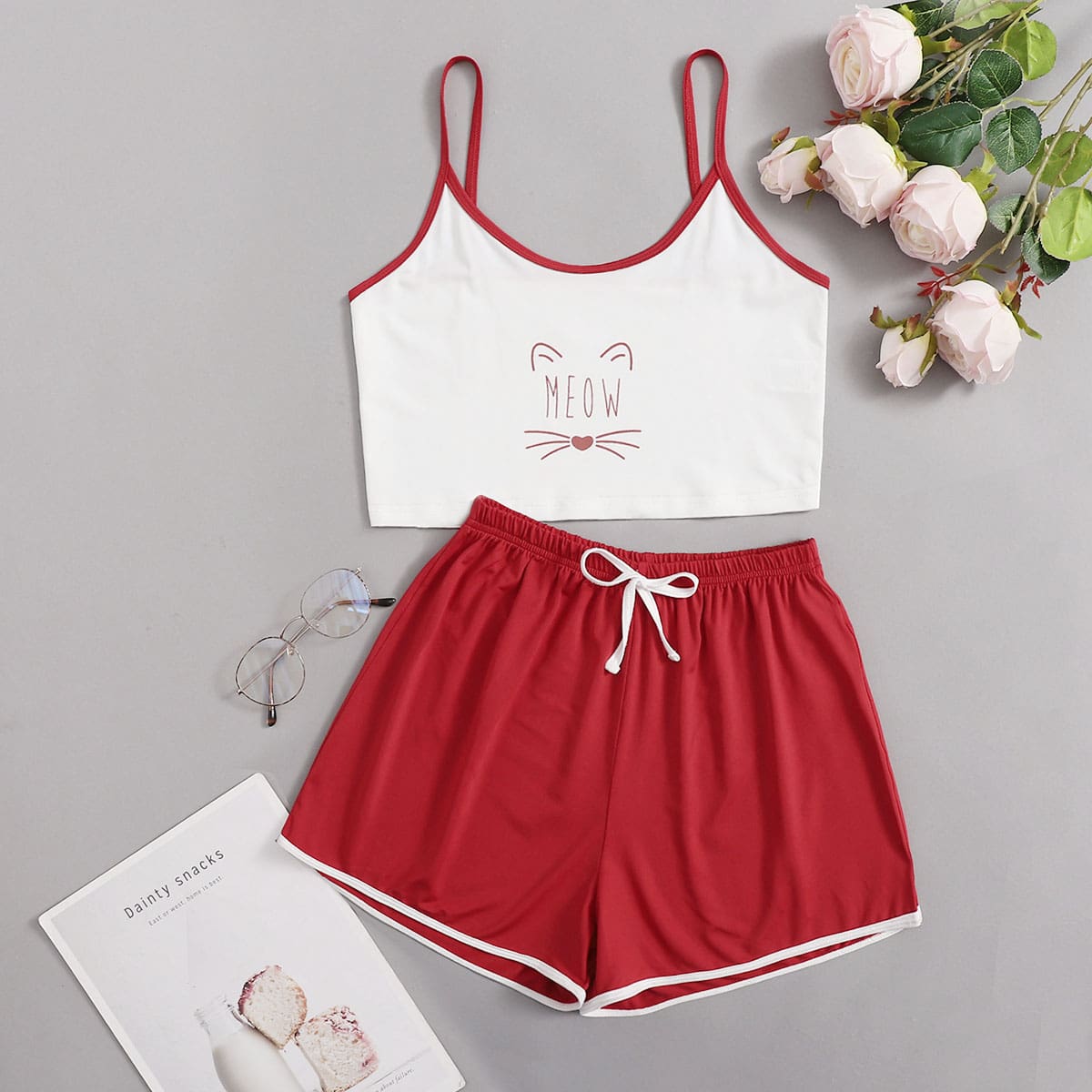 

Cartoon Ringer Cami PJ Set, Red and white