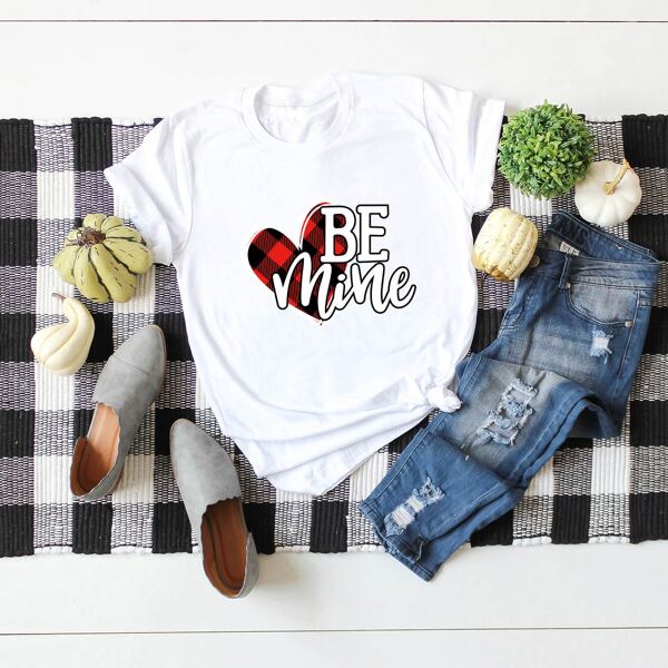 

Slogan & Plaid Heart Print Tee, White