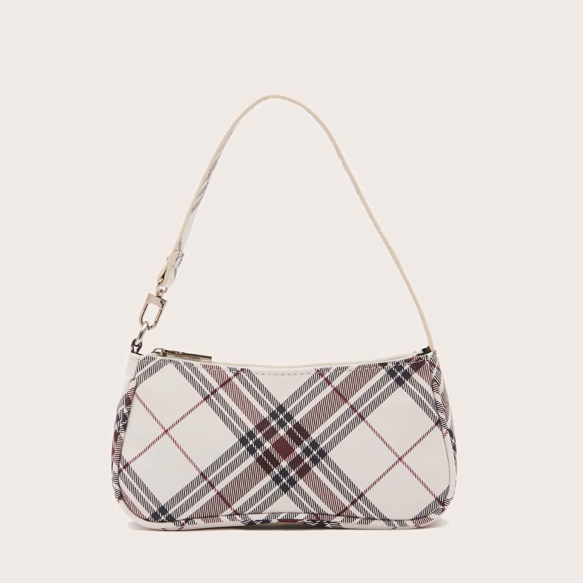 

Plaid Baguette Bag, White
