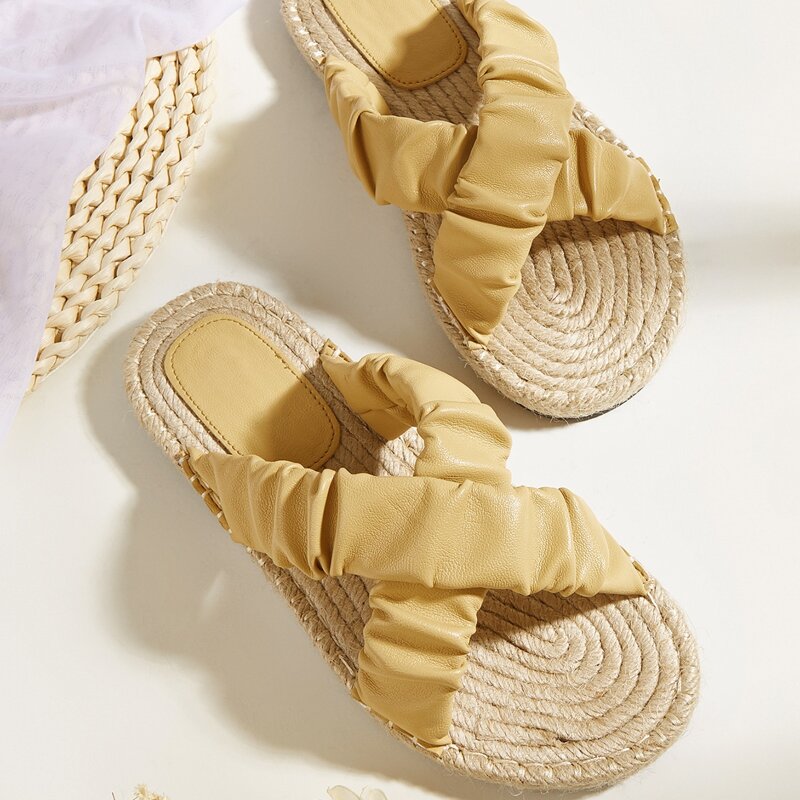 

Ruched Cross Strap Slide Sandals, Yellow