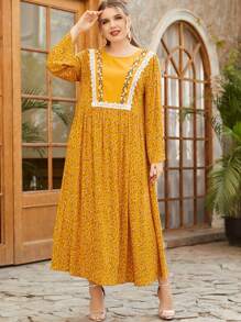 Vestido babydoll con encaje floral de margarita - Mostaza Amarilla - Ver 1