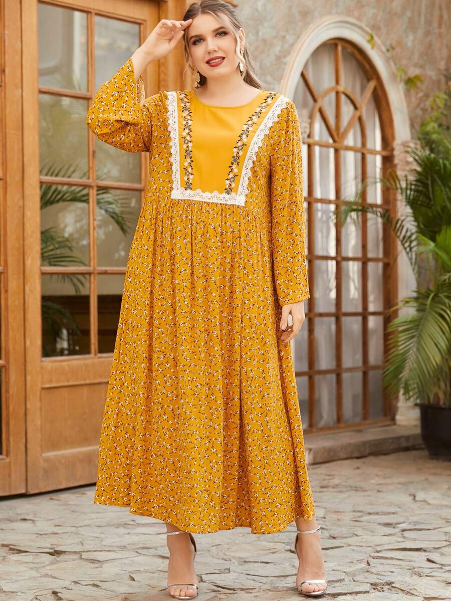 Vestido babydoll con encaje floral de margarita - Mostaza Amarilla - Ver 1