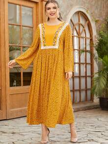 Vestido babydoll con encaje floral de margarita - Mostaza Amarilla - Ver 6