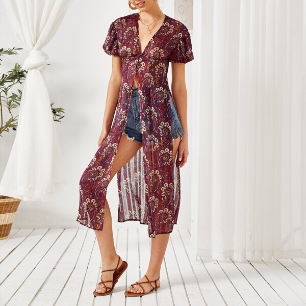 

Allover Paisley Print Puff Sleeve Split Hem Top, Multicolor