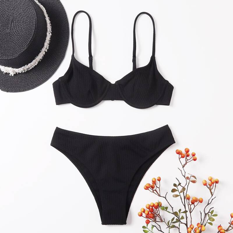 

Textured Underwire Bikini Swimsuit, Black