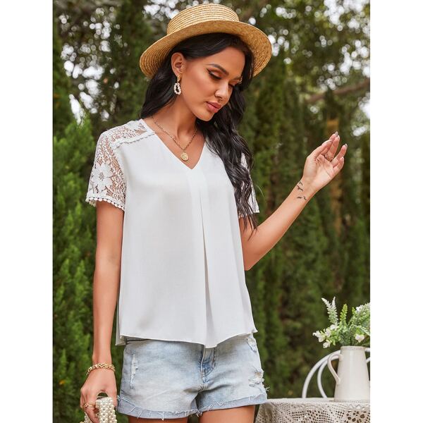

Lace-sleeve Yoke Solid Blouse, White