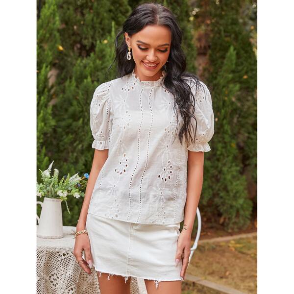 

Schiffy Puff Sleeve Ruffle Neck Blouse, White