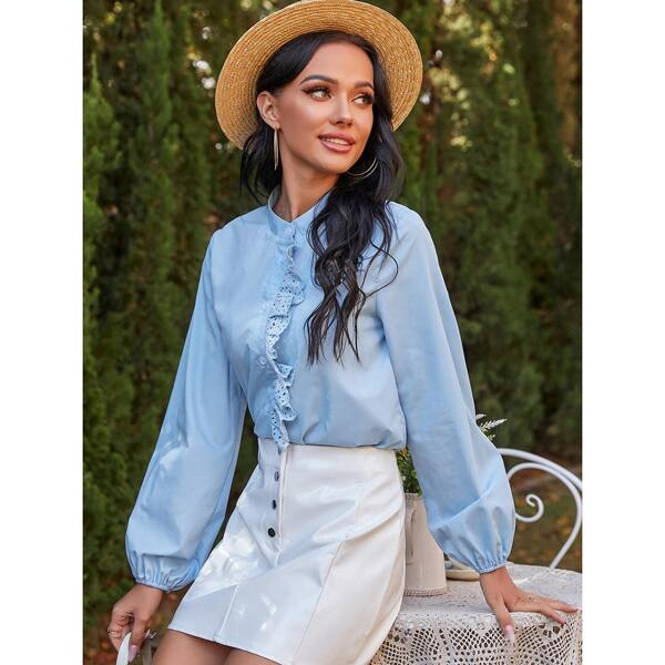 

Solid Ruffle Trimed Mock Neck Blouse, Baby blue