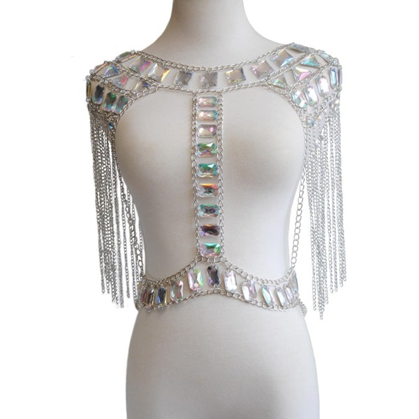 

Rhinestone Decor Harness Body Chain, Silver
