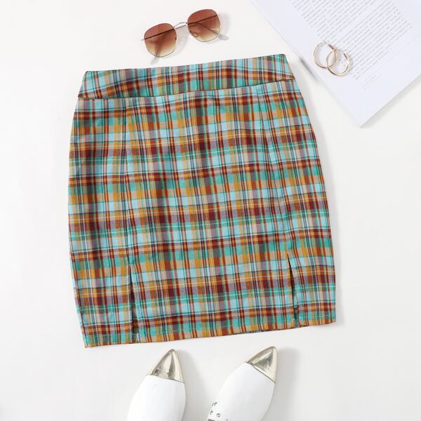 

Plaid Split Hem Skirt, Multicolor