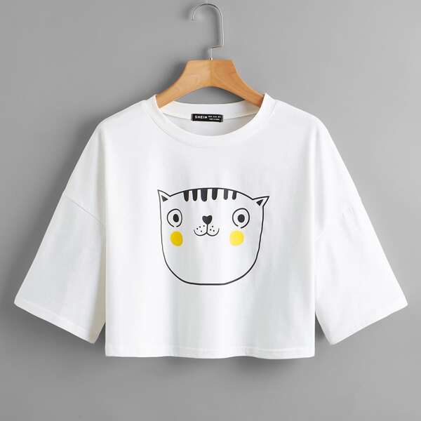 

Drop Shoulder Cat Print Crop Tee, White