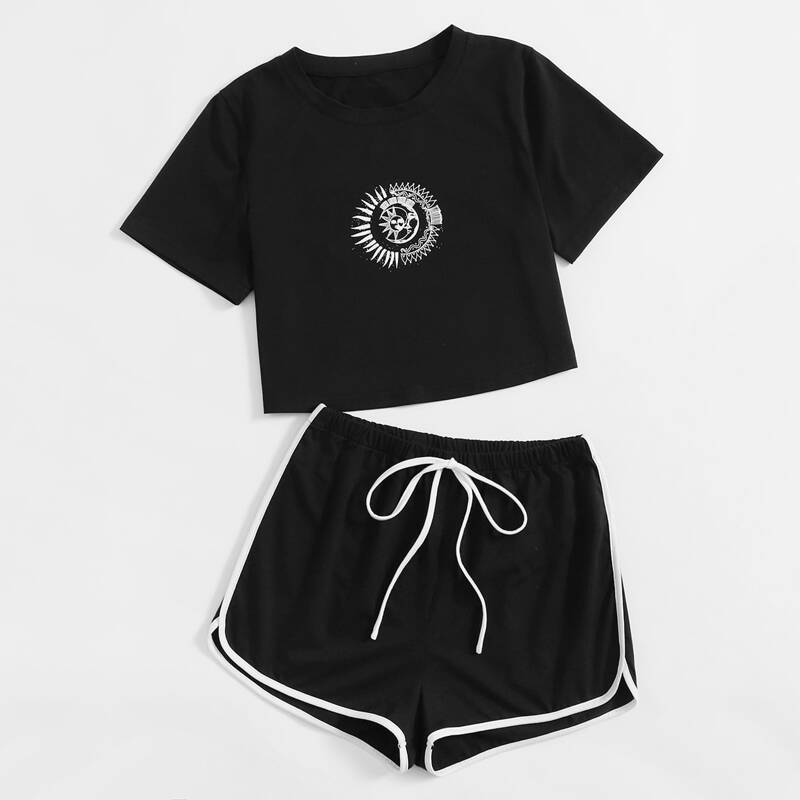 

Sun & Moon Graphic Crop Tee & Tie Front Dolphin Shorts, Black