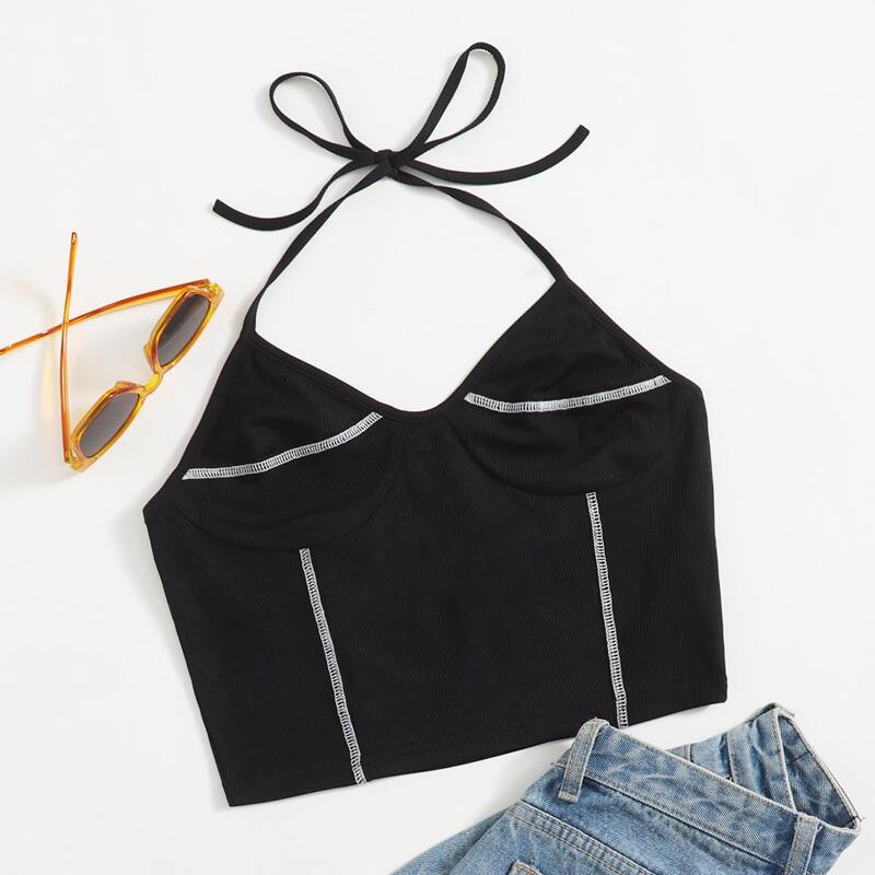 

Halterneck Tie Back Contrast Binding Crop Top, Black