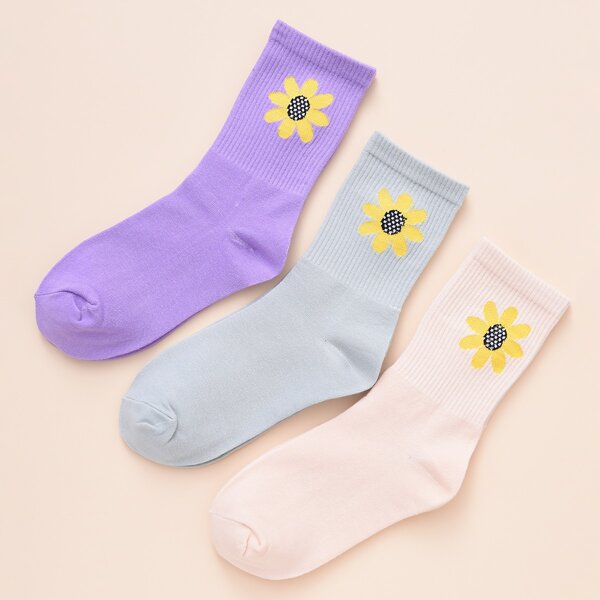 

3pairs Flower Pattern Socks, Multicolor