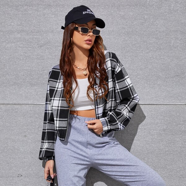 

Zip Up Contrast Hooded Plaid Jacket, Black and white