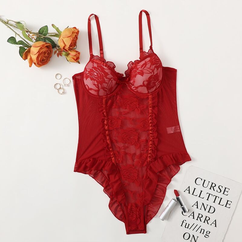

Floral Lace Frill Teddy Bodysuit, Red