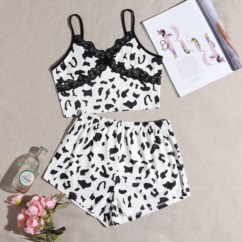 

Cow Print Lace Trim PJ Set, Black and white
