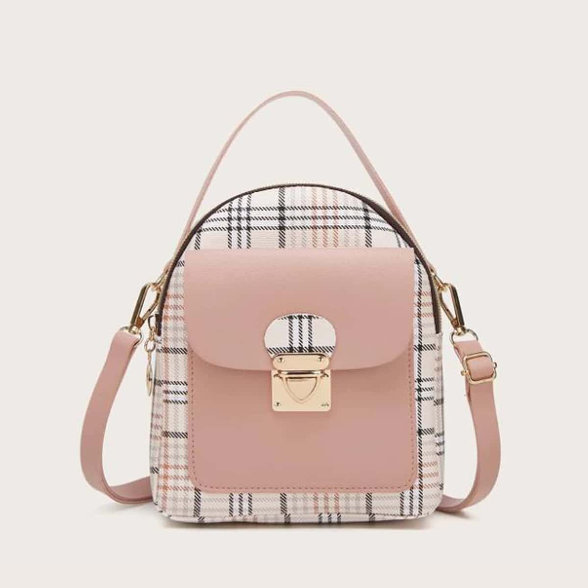 

Plaid Push Lock Backpack, Dusty pink