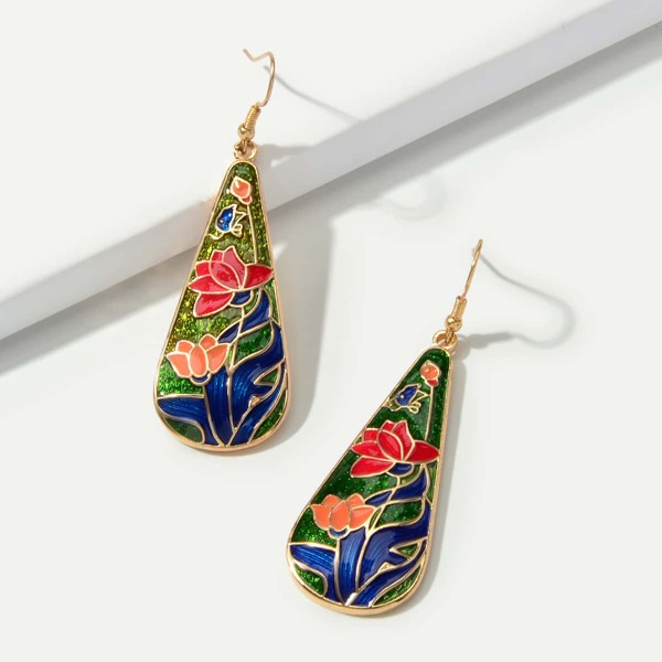 

Flower Engraved Water-drop Design Earrings, Multicolor