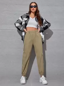 Muchica Side Flap Pocket Solid Cargo Pants - Khaki - View 4