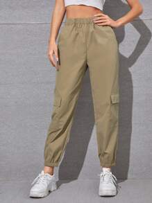 Muchica Side Flap Pocket Solid Cargo Pants - Khaki - View 5
