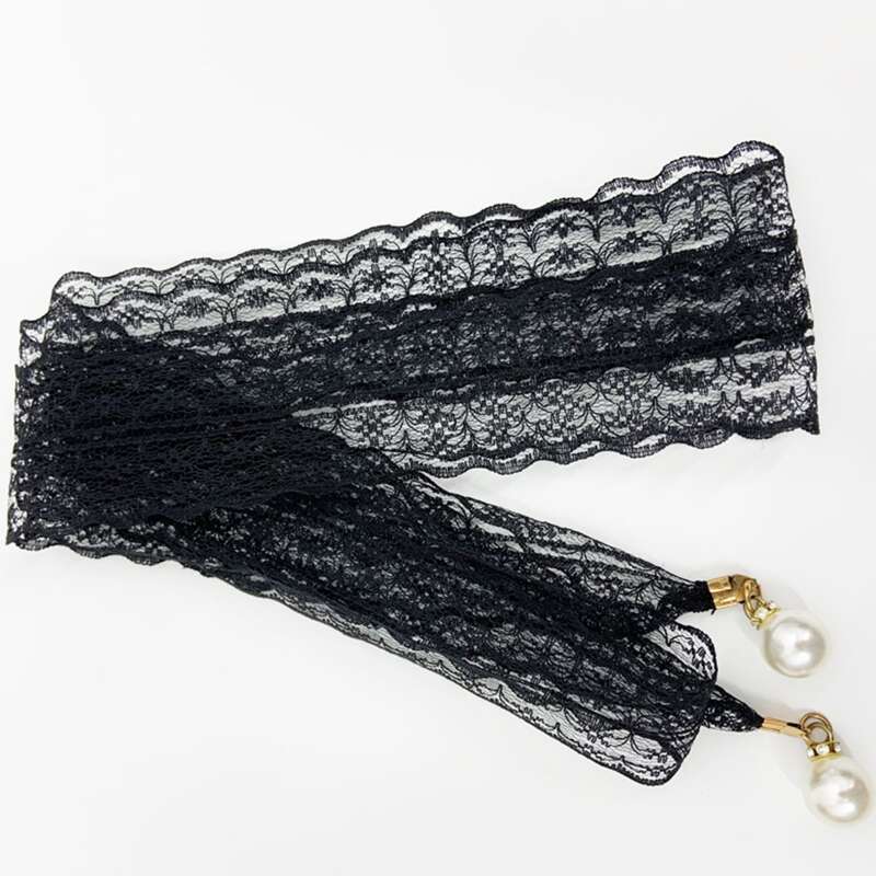 

Faux Pearl Decor Lace Belt, Black