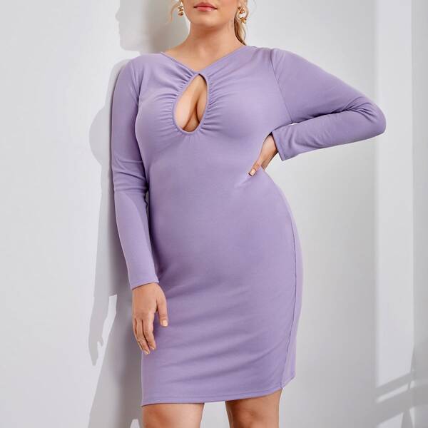 

Plus Keyhole Neck Solid Dress, Lilac purple