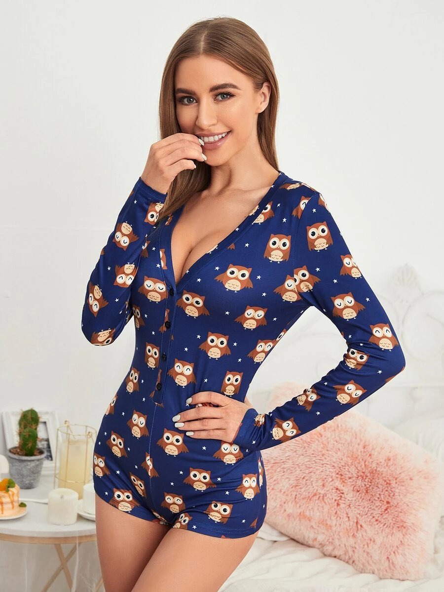 貓頭鷹圖案半紐扣連身短褲 - 藏蓝色 - 查看 1