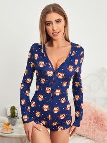 貓頭鷹圖案半紐扣連身短褲 - 藏蓝色 - 查看 3