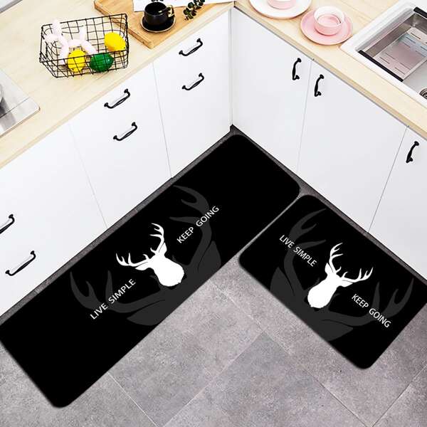 

1pc Elk Print Floor Mat, Black