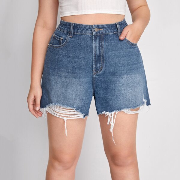 

Plus Bleach Wash Ripped Raw Hem Denim Shorts, Dark wash
