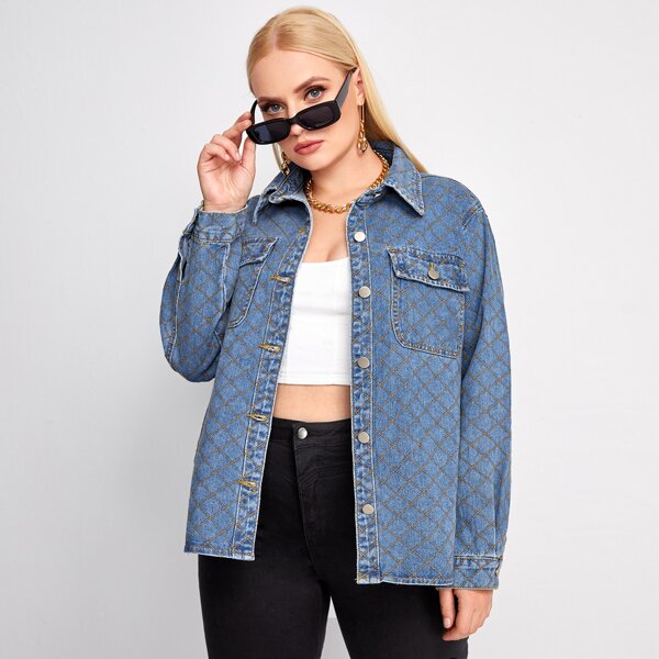 

Plus Plaid Embroidery Flap Pocket Denim Blouse, Light wash