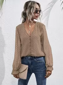 布點點v領荷葉邊袖雪紡襯衫 - 卡其色 - 查看 1