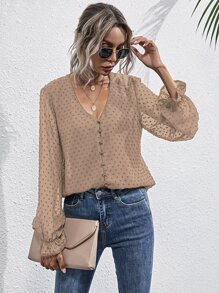 布點點v領荷葉邊袖雪紡襯衫 - 卡其色 - 查看 3