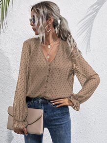 布點點v領荷葉邊袖雪紡襯衫 - 卡其色 - 查看 4