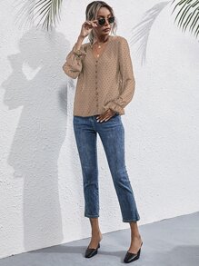 布點點v領荷葉邊袖雪紡襯衫 - 卡其色 - 查看 5