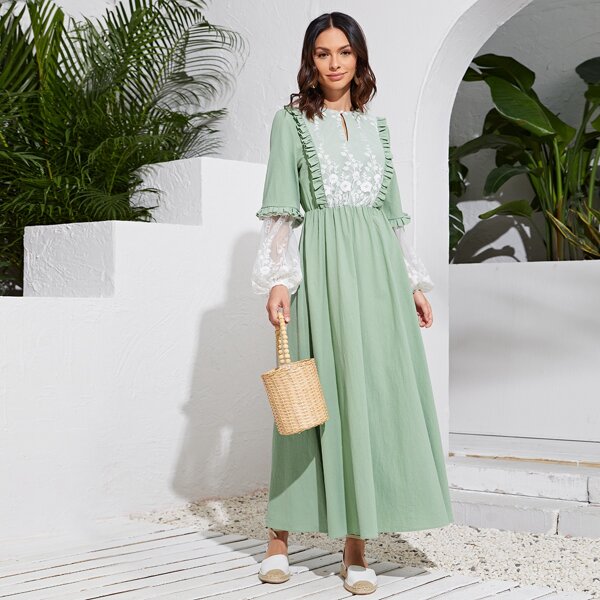 

с вышивкой Контрастный цвет Бохо Арабские платья, Мятно-зеленый