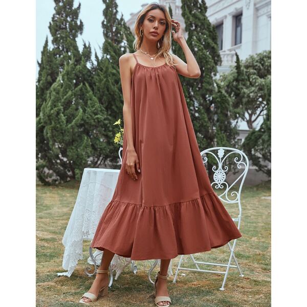 

Ruffle Hem Solid Cami Dress, Redwood