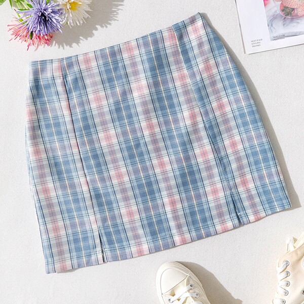 

High Waist M-slit Hem Tartan Skirt, Multicolor