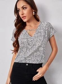 SHEIN Clasi 鏤空V領斑點上衣 - 黑與白 - 查看 3