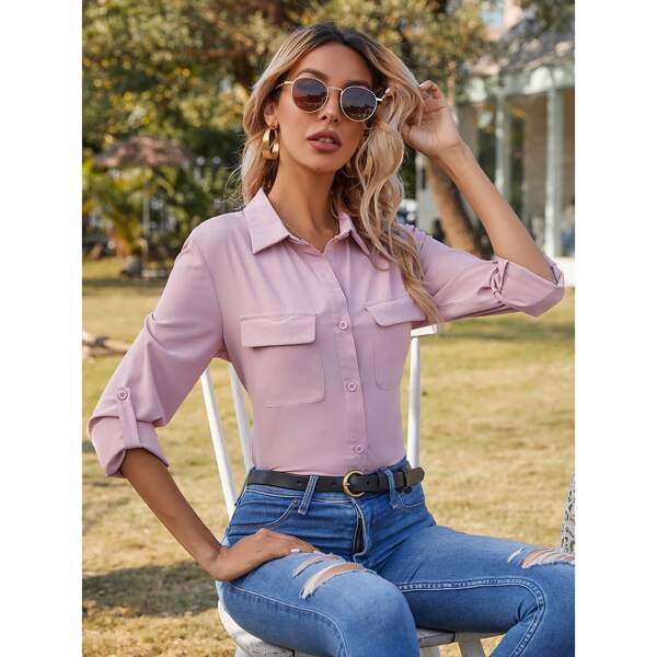 

Flap Pocket Roll Up Sleeve Blouse, Dusty pink
