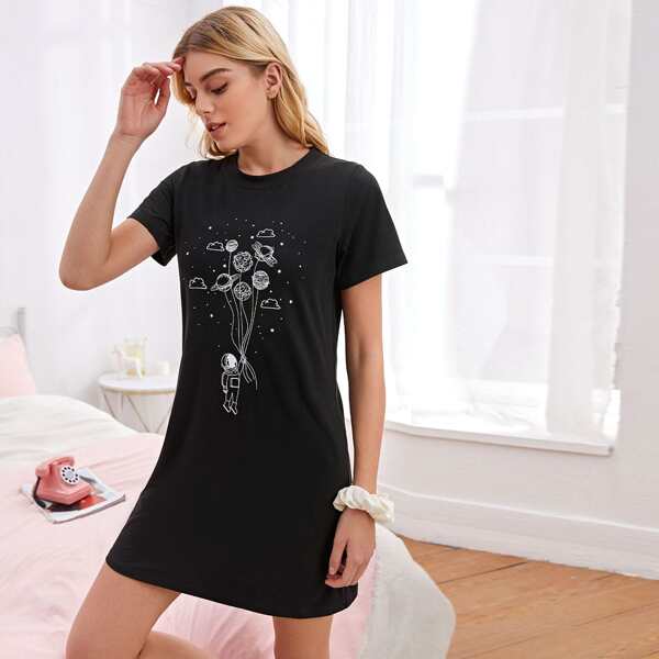

Cartoon & Galaxy Print Night Dress, Black