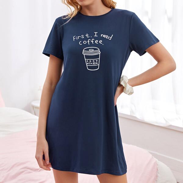 

Slogan Graphic Night Dress, Navy blue