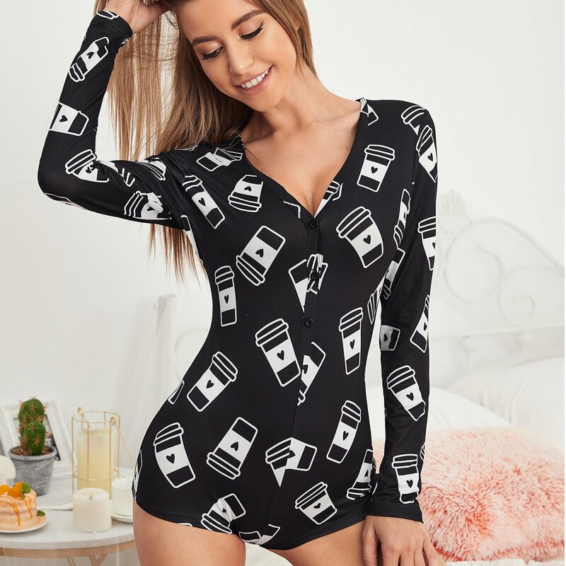

Allover Print Skinny Romper, Black