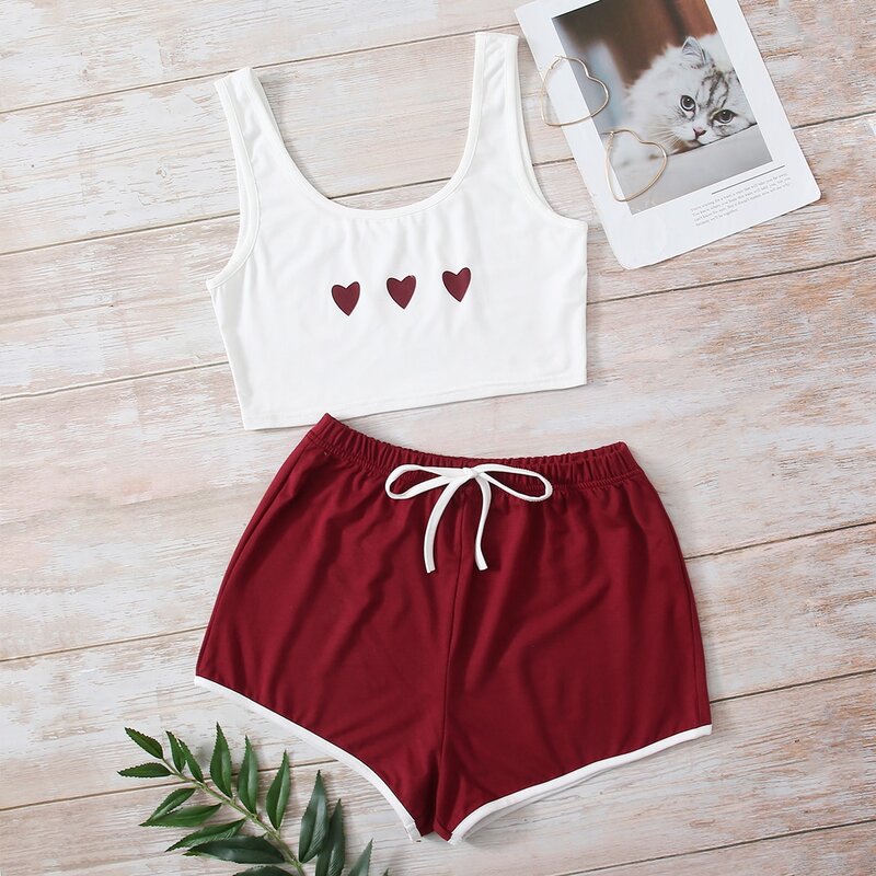 

Heart Print Knot Pajama Set, Red and white