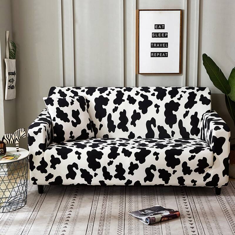 

Cow Print Stretchy Sofa Cover & 1pc Cushion Cover, Black and white