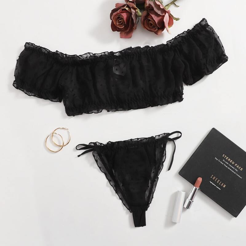 

Polka Dot Frill Trim Lingerie Set, Black